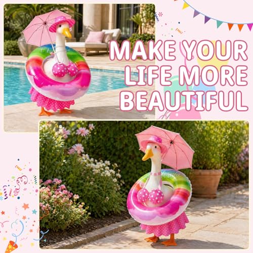 Bikini Porch Goose Outfits - 23" Lawn Goose Statue Pink Summer Costume with Hat, Swim Ring & Parasol - Hawaiian Pink Polka Dot Geese Clothes for Outdoor Patio Yard Decoration - style: Pink dots
