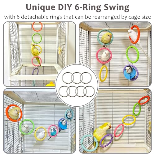 6-Ring Bird Swing Toy for Cage, DIY Cotton Rope for Parrot Soft Grip | Adjustable Colorful Perch, Hanging Parakeet Toys, Interactive Multi-Bird Swing and Climb for Budgies, Lovebirds, Cockatiels