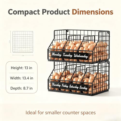 Egg Holder Countertop, 2 Tier Chicken Egg Basket for Gathering Fresh Eggs | Egg Storage Organizer with Adjustable 5 Dividers & Label, Stackable Wall Mounted Egg Collecting Basket Rack, Black - color: 2T Small Black