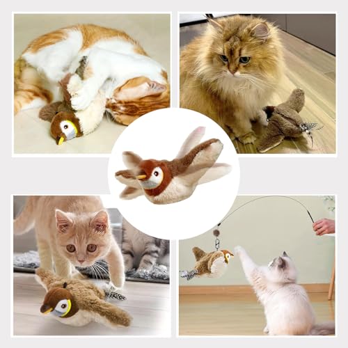 Upgraded Flappy Chase Interactive Chirping Bird Cat Toy with Flapping Wings,No Flying, Interactive Simulation Electric Cat Toy for Cats Dogs-Cat Toys Touch Activated, Rechargeable - color: Brown