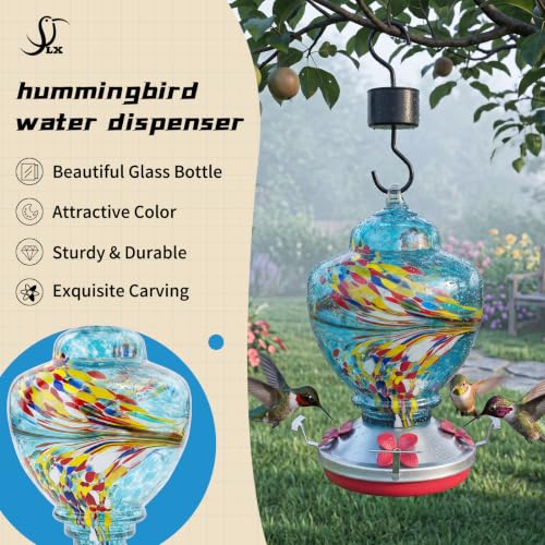 Hummingbird Feeder Colorful Blown Glass Outdoor Hummingbird Feeder with Ant Moat and 5 Feeding Ports for Outdoors Hanging Garden Decor, Bird Lovers (Green) - color: Blue-Phoenix-1