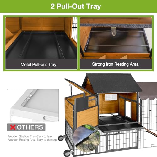 Large Chicken Coop with Run for 6-8 Chickens, All-Around Iron Frame Chicken Tractor with Wheels, Wooden Hen House Poultry Cage with Nesting Boxes and Metal Tray - size: 85.6"L x 40.6"W x 48.2"H