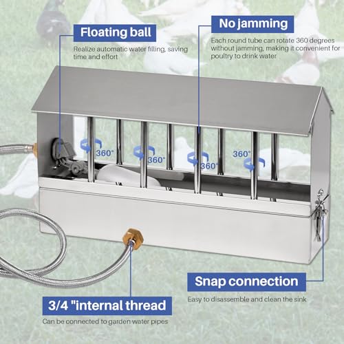 Automatic Chicken Waterer Stainless Steel Large Metal Chicken Waterer System Poultry Waterer Dispenser with Float Valve Kit Hose Accessories for Pigeon, Duck, Goose