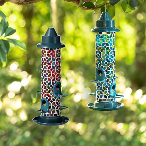 Glitzhome 20''H Glass Hanging Mosaic Bird Feeder, Multi-Color Wild Bird Feeders for Outdoors Garden Yard Backyard Deck and Porch Decor,4 Feeding Ports