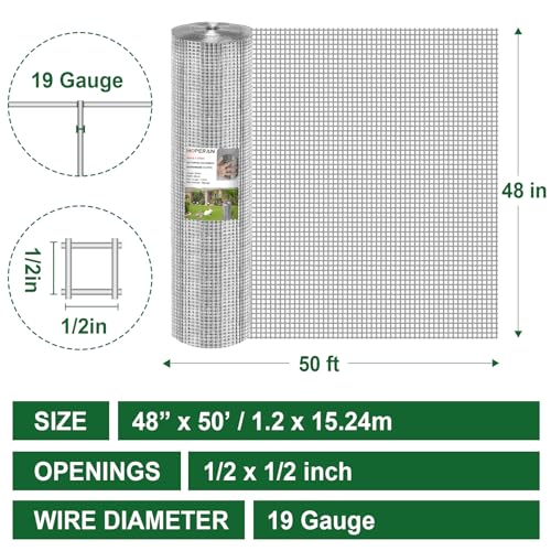 HOPERAN Hardware Cloth 1/2 Inch 48 x 50 ft, 19 Gauge Chicken Wire Fencing | Hot Dipped Galvanized After Welding, Rust resistant, Heavy-duty, for Garden Fencing Gopher Wire Rabbit Cage Poultry Netting - size: 1/2inch 48in*50ft