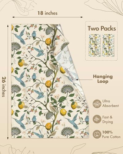 150GSM Flour Sack Kitchen Towels Set of 2, Lemon Birds | 18"x26", Lightweight, Lint-Free, Pure Cotton, Decorative, with Hanging Loop, Absorbent, Softer after Wash, Giftable Package - color: Lemon Bird