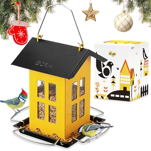 iBorn Bird Feeder House, Metal Bird Feeders for Outdoors Hanging,Double-Sided Metal Hanger & Weatherproof, Easy to Clean & Refill, 2.2 Lbs Capacity, Yellow - color: Yellow