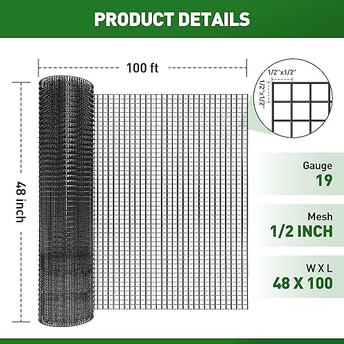 Black Hardware Cloth 1/2 Inch 48" x 100' 19 Gauge, PVC Coating Wire Fence Rolls Vinyl Coated Welded Chicken Wire Mesh for Poultry Netting Cage Fence, Tree Guard Rolls, Chicken Coop