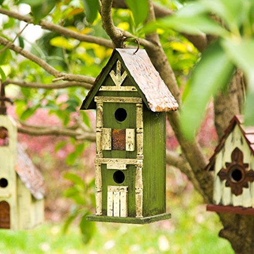 Glitzhome 12.75" H Hanging Green Two-Tiered Distressed Wooden Garden Bird House - color: 12.75"H Two-Tiered