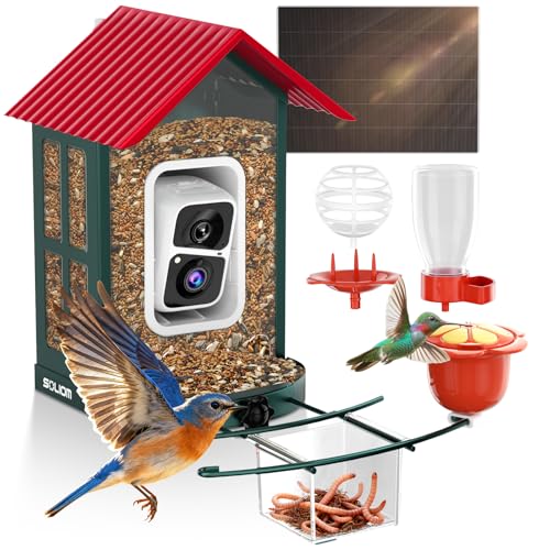 SOLIOM Smart Bird Feeder with Camera for Outdoors, Durable Metal Solar AI Birdhouse, 2K Live View & Instant Alerts, Squirrel-Proof – Complete Bird Watching Gift Set(Red) - color: Red Medium Set