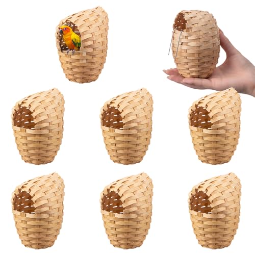 Sliner 8 Pcs Bamboo Bird Nest, Hand Woven Finch Nest for Cages, Natural Small Bird House Shelter Hideout Cage with Metal Hook, Hanging Hut Nesting Box Garden Yard Home Decor for Outdoor (5.1 Inch) - size: 5.1 Inch