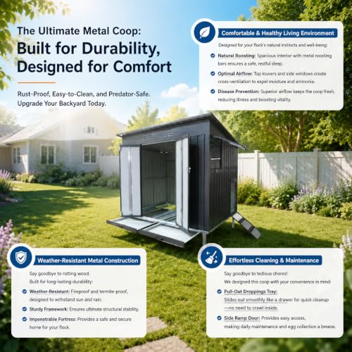 KEIKI Outdoor Galvanized Metal Chicken Coop Raised Base Pull Out Tray Grey | Outdoor galvanized chicken coop with raised base and pull out trays. Weatherproof poultry cage for backyard hen duck housing.