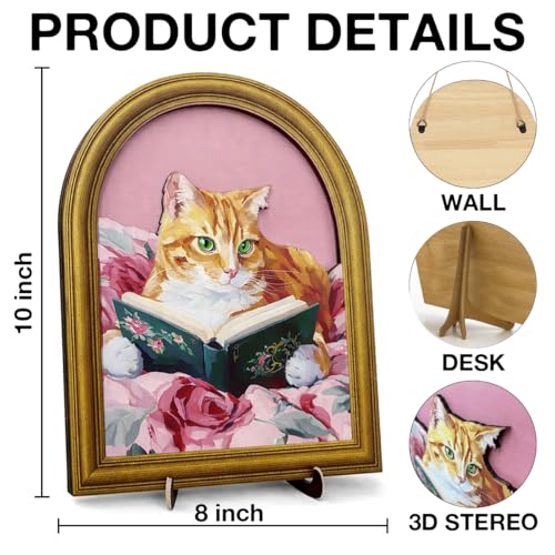 3D Pink Cute Cat Reading Table Decor Sign, Vintage Cat with Book Wall Art Sign for Home Bedroom Reading Room Desk Wall Shelf Decor 8x10 Inch - color: color-B