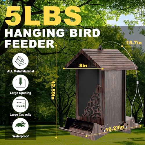 Squirrel Proof Bird Feeder for Outdoor Hanging,Metal Bird Seed Feeder with Bilateral Weight Activated Perches,5LB Large Capacity Wild Bird Feeders for Outside,Easy Refill and Clean,Brown - color: Brown