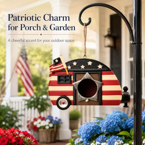 Hanging Bird House for Outside, Hand-Painted Patriotic Camper Birdhouse, Resin American Flag Bird House with Cleaning Plug, Outdoor Garden Decor for Yard, Patio, Porch, Tree, Gift for Bird Lovers - style: american flag