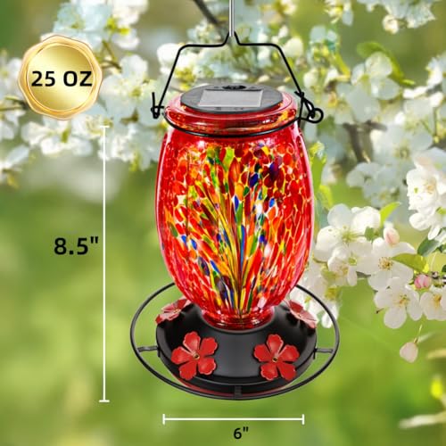 Solar Hummingbird Feeder for Outdoors Hanging Patio Designed 32 Ounces Colorful Hand Blown Glass Hummingbird Feeder 5 Feeding Ports with Perch Never Leak (Red)
