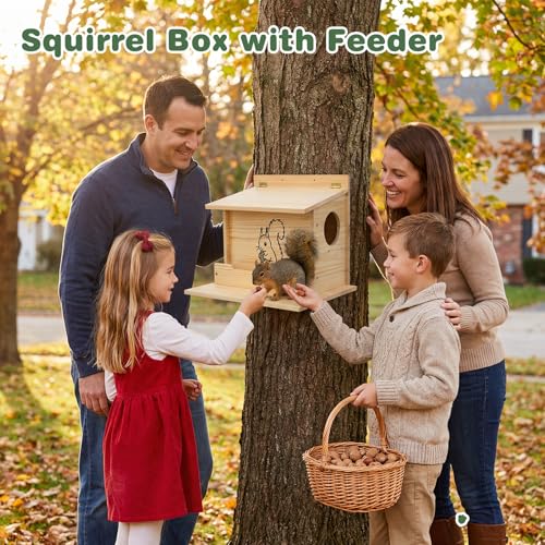 Squirrel House, Squirrel Box, Squirrel Houses for Outside, Squirrel Boxes with Front Feeder, Nesting Box, Wooden Houses with Predator Guard Design for Squirrels, Chipmunk and Small Animals