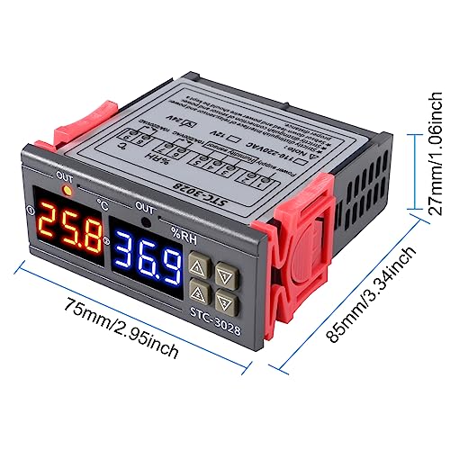 STC-3028 24V Temperature & Humidity Controller with Integrated Sensor, Dual Digital Display Thermometer Hygrometer, Incubator Controller - size: 24V