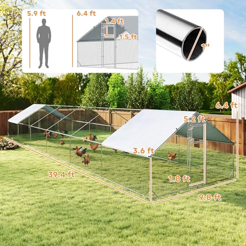 PawHut Large Chicken Coop w/ 420D Waterproof Anti-UV Cover 39' x 10' x 6.4' | Metal Chicken Run, Spire Shaped Walk In Fence Cage Hen House, Outdoor Yard Farm Use, 1" Tube Diameter - size: 472.4"L x 118.1"W x 76.8"H