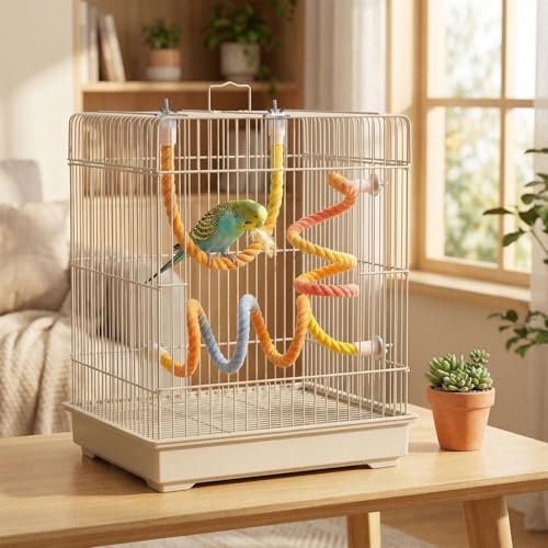 Colorful Cotton Rope Parrot Perch Set, Bendable 3-Size Cage Accessory