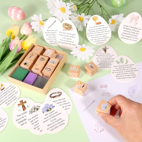HOWAF Christian Easter Gifts Set, Include 12pcs Resurrection Eggs Stamps and 12 Religious Easter Story Cards for Resurrection Decoration, He is Riren Inking Stamps, Jesus Lives Story Rubber Stampers