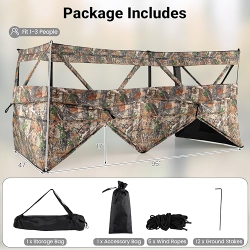 Goplus 4-Panel Hunting Blind, 3-Person See-Through Ground Blind Tent with Silent Windows, Dog Doors, Carrying Bag, Portable Resilient Field Camouflage Concealed Shelter for Duck Waterfowl Hunting