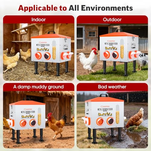 55LBS Large Capacity Automatic Chicken Feeder - Upgraded Window Design Allows Viewing of Feed Conditions, 8 Feeding Ports, Anti-Waste Design, Height-Adjustable Legs & Secure