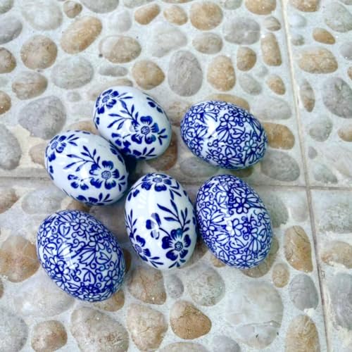 6pcs/Set Handcrafted Blue & White Ceramic Easter Eggs - Artisanal Decor for Home, Living Room & Office - Festive 6cm*4cm Accent Pieces - Perfect Mothers Day & Spring Easter Gifts (B) - size: G