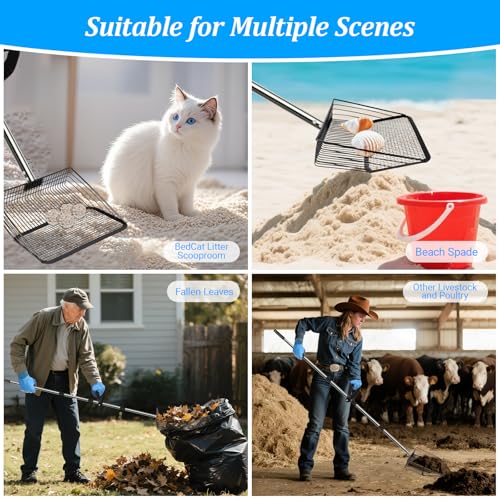 Large Chicken Poop Scooper Chicken Scooper for Poop with 37" to 75" Adjustable Stainless Steel Handle Gloves Litter Sand Sifting Shovel Cleaning Tool for Chicken Coop Goat Stall Stable - color: 10inch