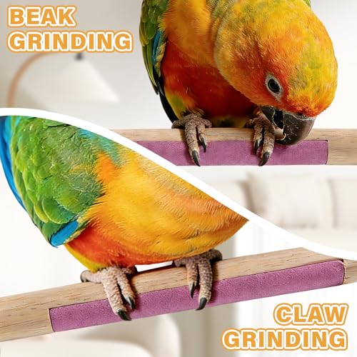 Wooden Bird Perch Stand with Grinding, 2Pcs Parrot Cage Stand Branch, No Hurt Foot Claw Grinding Bird Perch for Cockatiels, Parakeets, Lovebirds - color: Purple+Yellow
