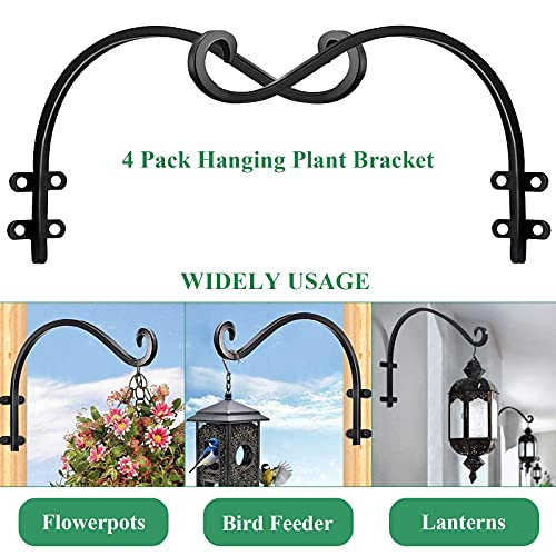 4 Pack Heavy Duty Plant Hanger Bracket, 12Inch Hanging Brackets for Plants Outdoor and Indoor, 80lbs Holding Capacity Metal Plant Wall Hooks, Black Hanging Plant Brackets for Flower Wind Bird Feeder | 80lbs Holding Capacity Outdoor Hanging Bracket Metal P