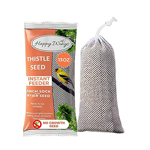 Happy Wings 13Oz Thistle Seed (Nyjer) Bird Food Prefilled Sock, No Grow | Oil Rich, High Fat & Energy Content, Single Grain, USDA & BRC-GS Approved, Finches, Sparrows, Chickadees, Cardinals, No Mess - size: 13 Ounce (Pack of 1)