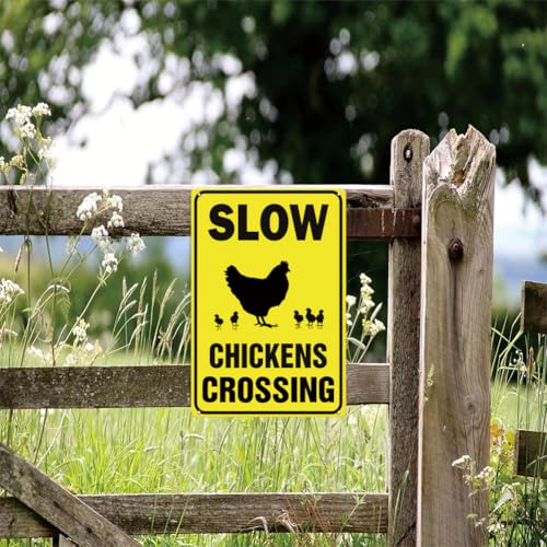 Chicken Crossing Sign - 8 x 12 inch Metal Aluminum Slow Chicken Signs for Coop, Farm, Outside, Chicken Themed Birthday Party, Rural Roads & Backyard, Gift for Chickens Lovers - color: Chicken-Yellow/Black