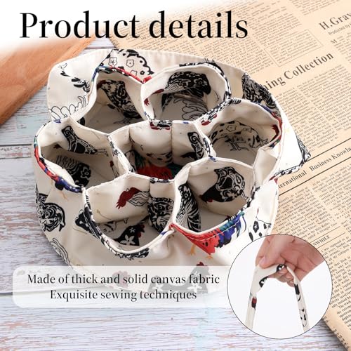 JJUNW 1 Pc Egg Collection Basket, Farmhouse Chicken Egg Holder with 7 Bags, Handheld Egg Purse Egg Basket for Collecting Fresh Eggs, Housewife Garden Transport Storage(Beige Chicken)