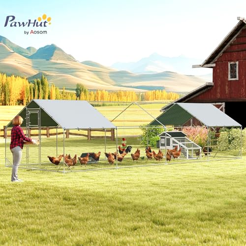 PawHut Metal Chicken Coop with Feeding Door for 24-30 Hens 26'x10'x6.4' | Large Chicken Run Hen House, Waterproof Cover, Hanging Feeder, Perch, Poultry Cage, Outdoor Backyard Farm - size: 315.0"L x 118.1"W x 76.8"H