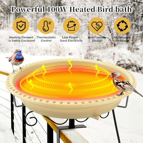Lovppy Heated Bird Baths for Outdoors for Winter, 100W Heated Birdbath Water Heater with Thermostatically Controlled, Heated Bird Bath for Deck Railing Outside Garden Patio Yard (Khaki) - color: Khaki