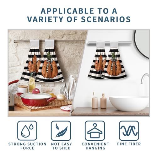 Fall Pumpkin Maple Leaves Kitchen Towels with Hanging Loop Autumn Thanksgiving Stripe Hand Tie Towels Soft Absorbent Fingertip Bath Towel Oven Stove Dish Washcloths Set of 2 - color: Fall Stripe