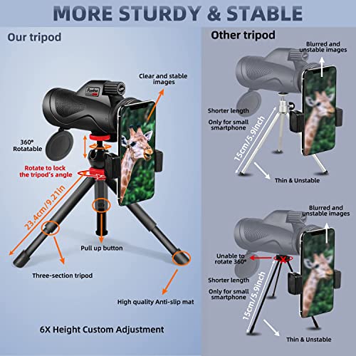 12x60 Monocular Telescope High Powered with Smartphone Adapter Tripod and Portable Bag, Larger Vision Monoculars for Adults with BAK4 Prism & FMC Lens, Suitable for Bird Watching Hiking Travel - color: Black Monocular