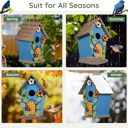 Wooden Bird Houses for Outside,Farmhouse Hanging Blue Birdhouse | Decorative Birdhouses for Outdoors,Bird Box Nest,Humming Bird House for Garden Patio Decor