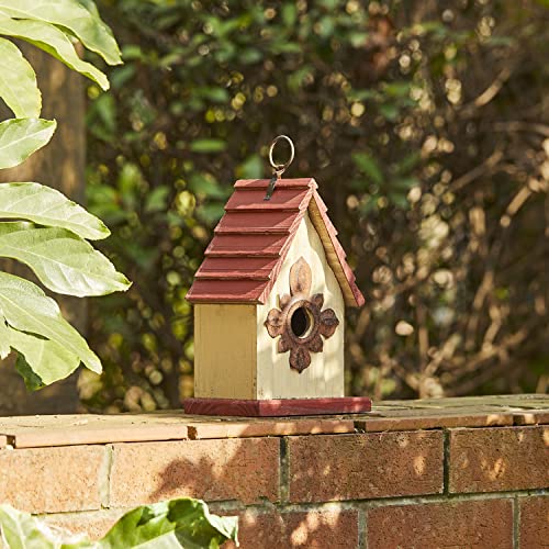 Glitzhome Hanging Bird House for Outdoors, 9" H Hand Painted Wooden Cottage Blue Bird House Garden Birdhouse for Outside for Hummingbird Wren Finch Cardinals Cedar - color: 9"H