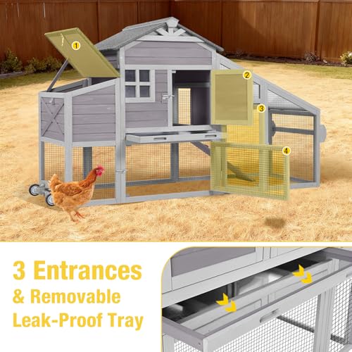 Large Chicken Coop with Wheels for 2-4 Chickens, Reinforced Solid Wood Construction Mobile Chicken House, Waterproof Asphalt Roof,Nesting Box,Ducks (Grey, 73.4" L x 24.2" W x 43.2" H) - color: Grey, size: 73.4"L x 24.2"W x 43.2"H