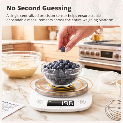 Greater Goods Digital Kitchen Scale for Baking, Sourdough, 11lb Capacity | Weigh Flour, Sugar & Batter in g, oz, ml or fl oz, Tap to Tare, Hold Function & Auto-Off, Stainless Steel Top & Storage Bag - color: White