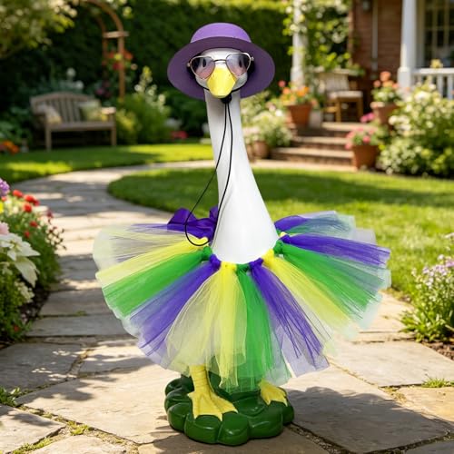 Large Resin Porch Goose Statue, Garden Lawn Yard Sculpture Decor for Gift | Porch Duck Weatherproof Ornament for Patio, Lawn & Yard, Ideal Housewarming & Birthday Gift for Mom, Women & Men - style: purple hat goose