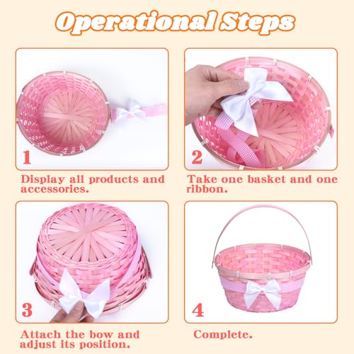 3 PCS Easter Bamboo Baskets Gift with Bow Ribbon and Handle, Woven Easter Eggs Hunting Bucket, Wicker Candy Toys Storage BucketBaskets with Handle for Picnic, Party Favors