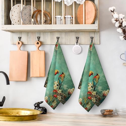 Cute Birds Kitchen Towels Decorative Set of 2 Green Dish Towels | Gifts for Bird Lovers Women, Absorbent Floral Tea Towel Spring Summer Hand Towel for Kitchen Bathroom Bar Farmhouse Decor - color: Cute Birds