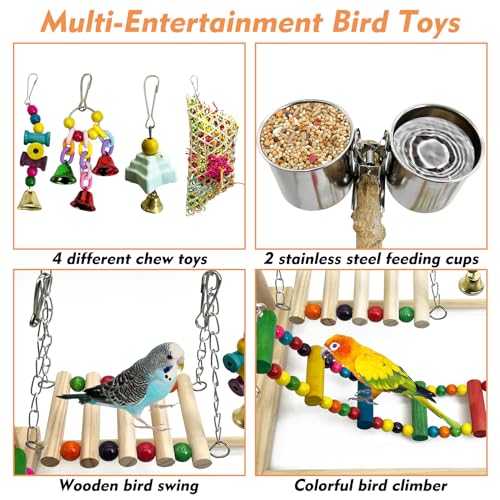 kathson Parrot Play Stand Parakeet Playground Bird Jungle Gym Wood Conure Playstand Hanging Chewing Toys with Feeder Cups and Swings Bird Cage Accessories for Cockatiel Lovebirds Budgie