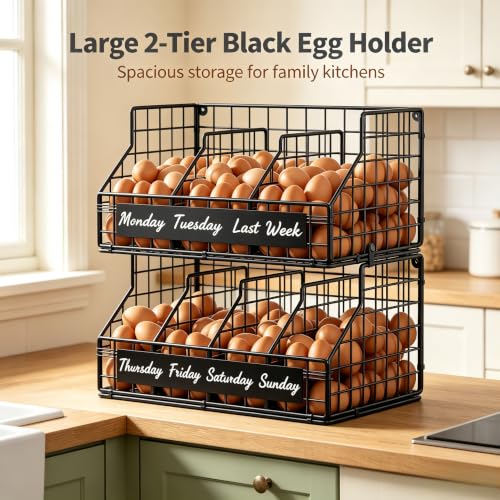 Egg Holder Countertop, Large 2T Chicken Egg Basket for Gathering Fresh Eggs | Egg Storage Organizer with Adjustable 5 Divider & Label, Stackable Wall Mounted Egg Collecting Basket Rack, XXL Black - color: 2T XXL Black