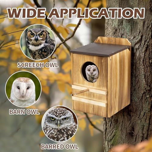 9'' x 14.5'' Owl House for Outdoor, Screech Owl House, Bird Box Large Handmade Wooden Circular Opening Screech Box for Outside with Mounting Screws and A Bag of Wood Shavings