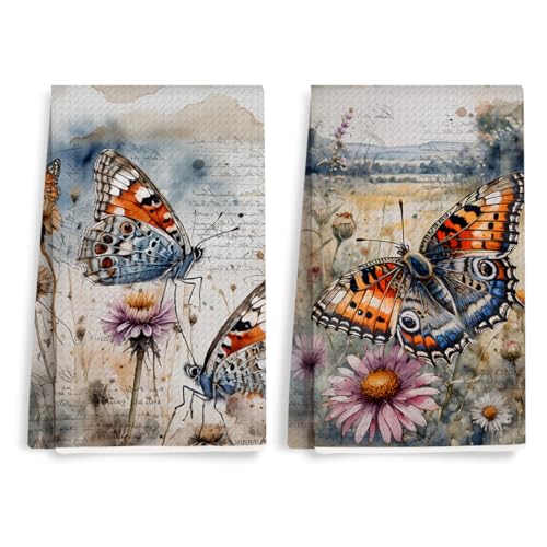 2 Pcs Vintage Daisy Kitchen Towels, Rustic Butterfly Decorative Absorbent Microfiber Dish Cloth Tea Towel, Waffle Soft Hand Towels for Farmhouse Home Bathroom, Butterfly Gifts - color: Multi 0428