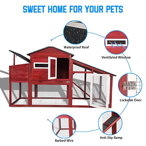 PetsCosset 71.3" Chicken Coop Wooden Backyard Hen House Indoor Outdoor Two Story Poultry Cage with Run, Chicken Nesting Box, Pull Out Trays and Anti-Slip Asphalt Ramp